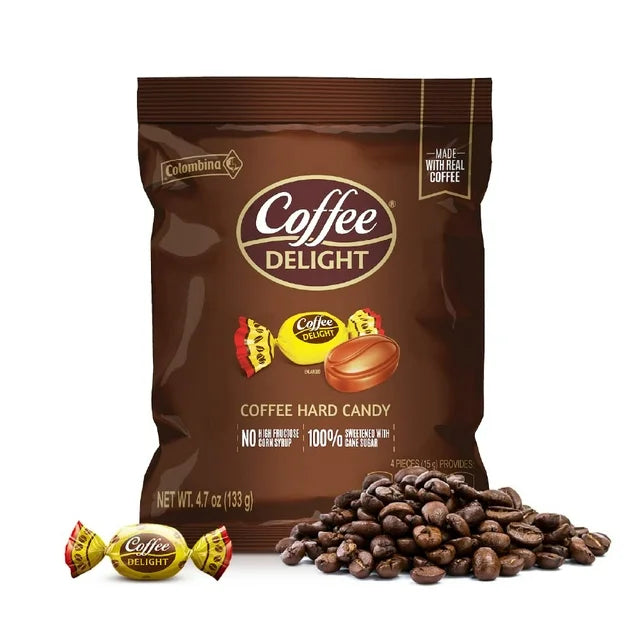 Bag of Colombina coffee delight hard candy, coffee beans and piece of candy