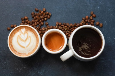 Cups of Goya Café Decaffeinated Latin Coffee, Espresso, latte, Cappuccino, Americano and coffee beans