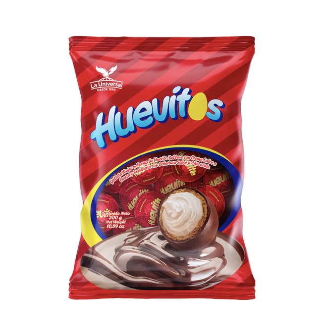 Bag of La Universal huevitos egg shaped wafer cookies filled with cherry flavored cream and chocolate flavored coating