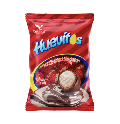Bag of La Universal huevitos egg shaped wafer cookies filled with cherry flavored cream and chocolate flavored coating 