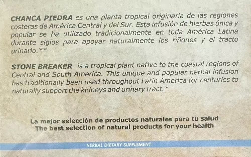 Back of Nuestra Salud chanca piedra tea bag box