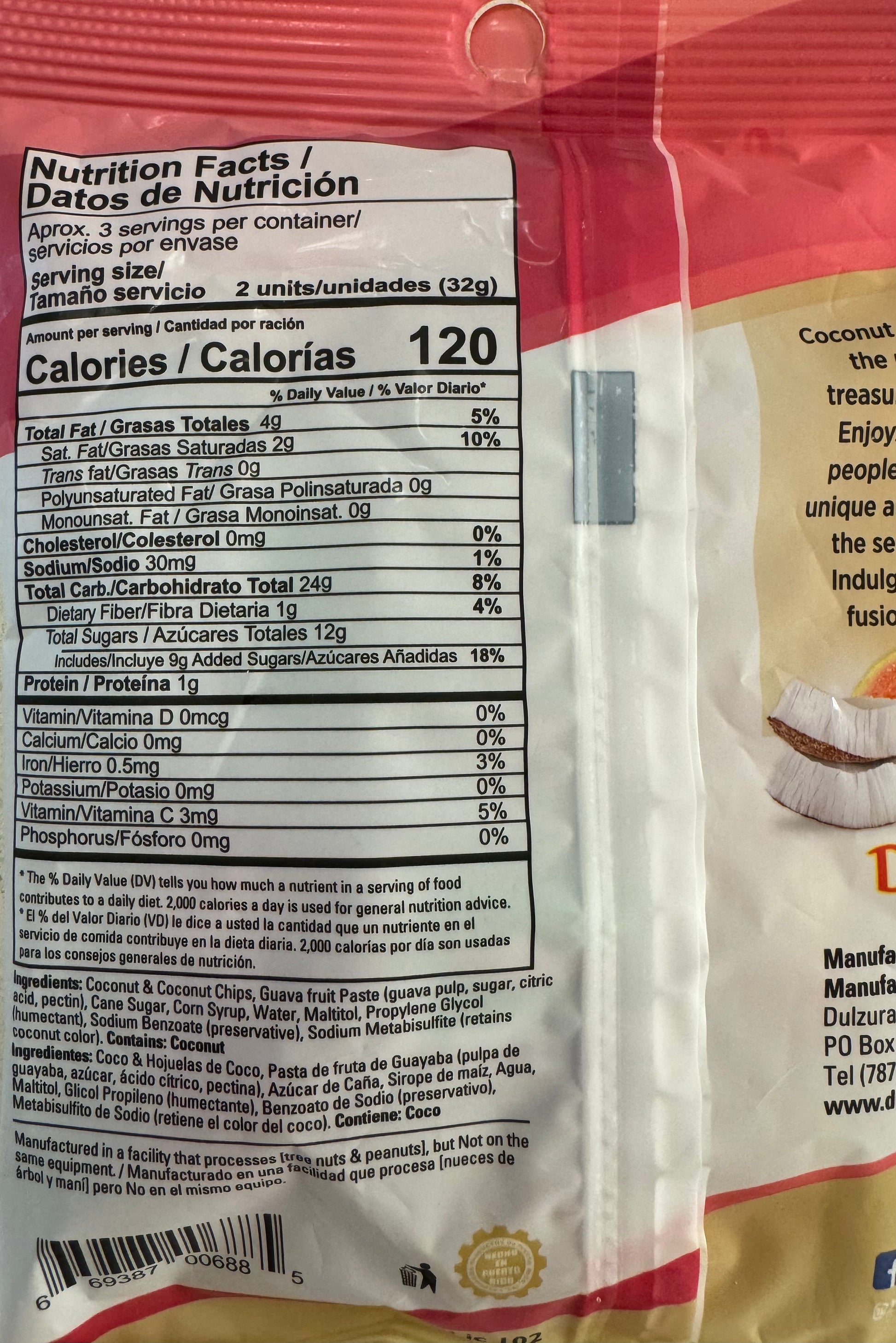 Nutrition facts for dulzura coconut guava snacks