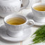 Two cups of horsetail tea with fresh Equisetum arvense plant on a white wooden table
