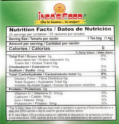 Nutrition facts of Inca's Food stone breaker tea bags