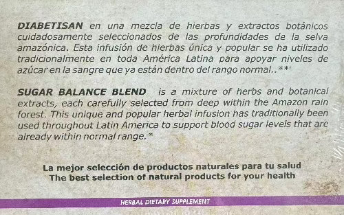 Back of box of Nuestra Salud Diabetisan tea bags