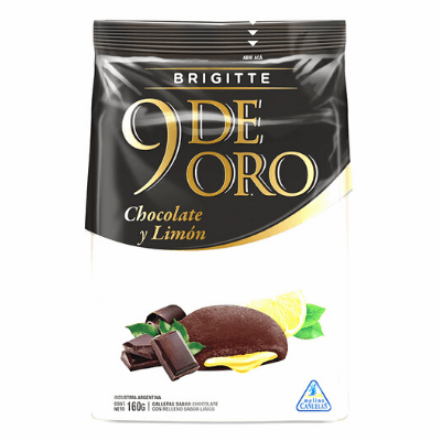 9 De Oro Brigitte Chocolate Y Limon ( Galletas Sabor Chocolate Con Relleno Sabor Limon ) Net.Wt 160g