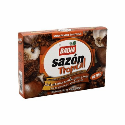 Badia Sazon Tropical con Culantro y Achiote (Sazon Spanish Flavoring Powder with Annato and Coriander) Package Weighing 3.52oz Containing 20 packets