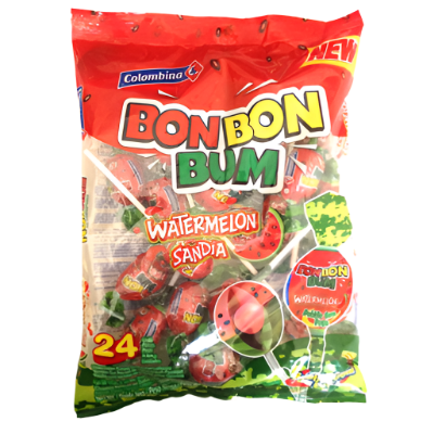 Colombina BONBONBUM Chupetas de Sandia (Watermelon Bubble Gum Pops) 24 units 408g