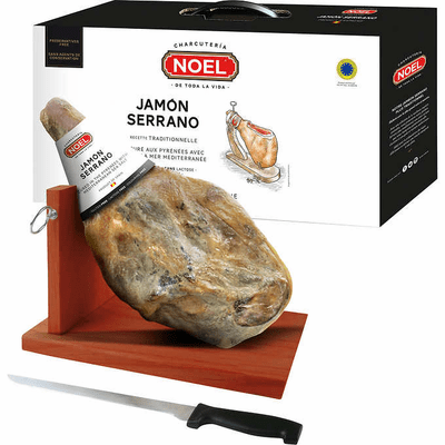 Jamon Serrano Noel Gift Set ( Includes Spanish Serrano Ham, Jamonera & Traditional Jamon Knife )