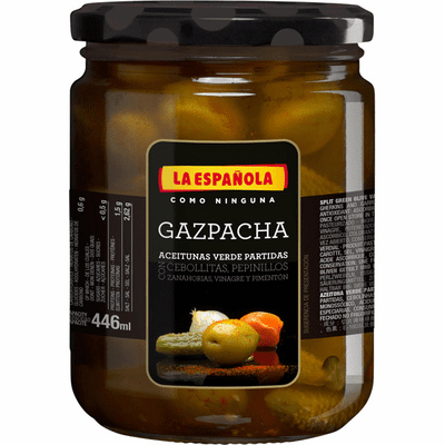 La Espanola Gazpacha Aceitunas Verde Partida Aderezadas con Cebollitas, Pepinillos y Zanahorias (Seasoned Split Green Olives ) Glass Jar 330 grs