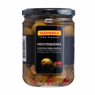 La Espanola Mediterranea Aceituna Verde Partida Con Trozos De Pimiento Rojo Net.Wt 430 Gr