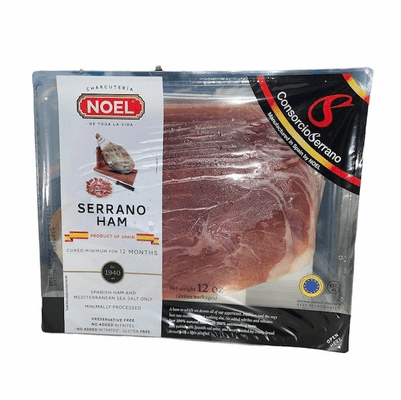 Noel Serrano Ham Cured Minimum for 12 Months. Net Wt 12 oz