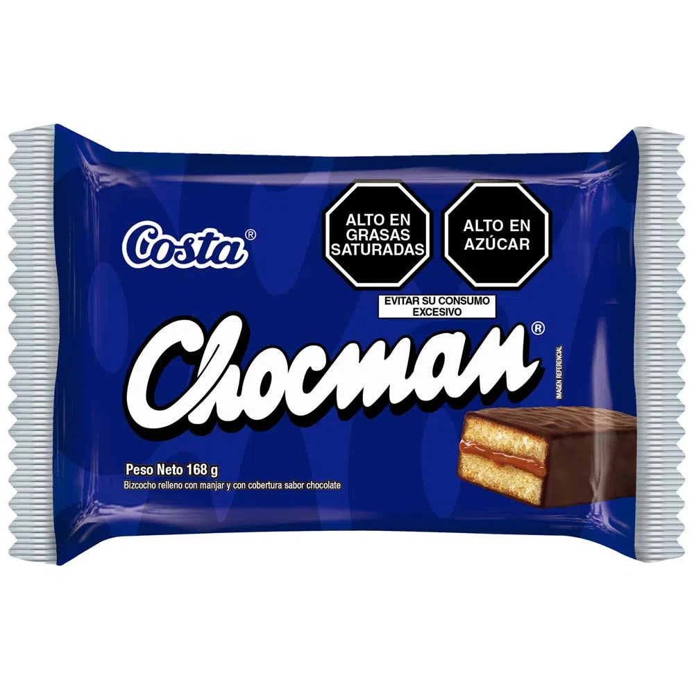 Costa Chocman Cake with caramel filling and chocolate flavor coating Net.Wt 168g. Costa Chocman Cookies Bag with 6 units