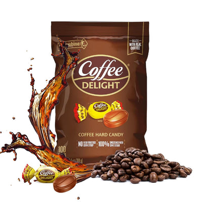Bag of Colombina Coffee Delight hard candy, coffee beans and piece of candy