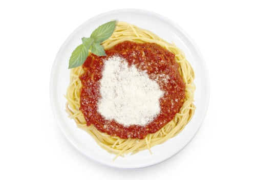 Pasta with tomato sauce and parmesan cheese in the shape of Uruguay