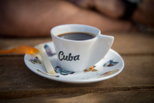 Close up on a cup of Café Bustelo Decaf coffee. 