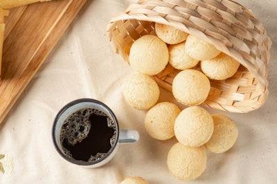 Pao de Quiejo, breakfast table in Brazil, with Cafe Pilao Intenso coffee