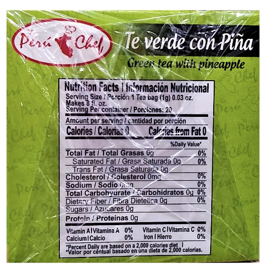Perú Chef Té Verde Con Piña Green Tea With Pineapple - 20 Tea Bags