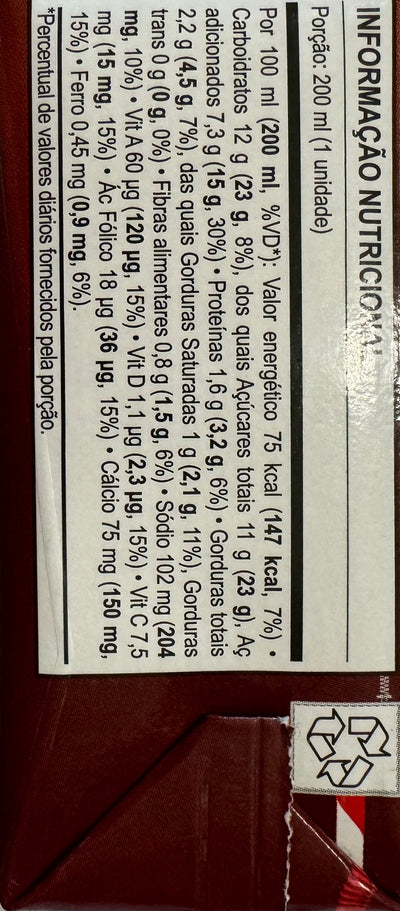 Nutrition facts for Toddynho chocolate drink box