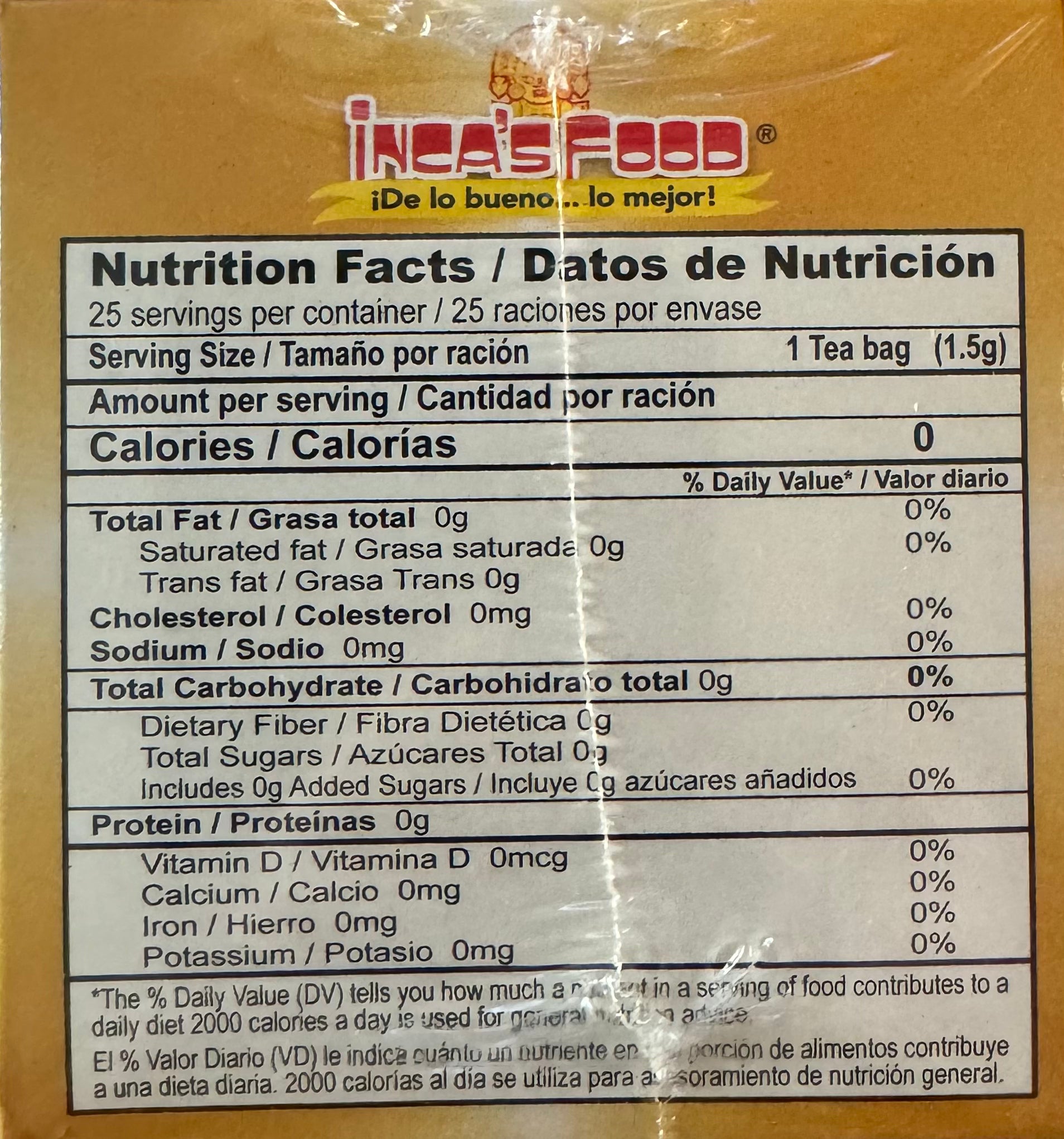 Nutrition facts of inca's food cat's claw tea bags