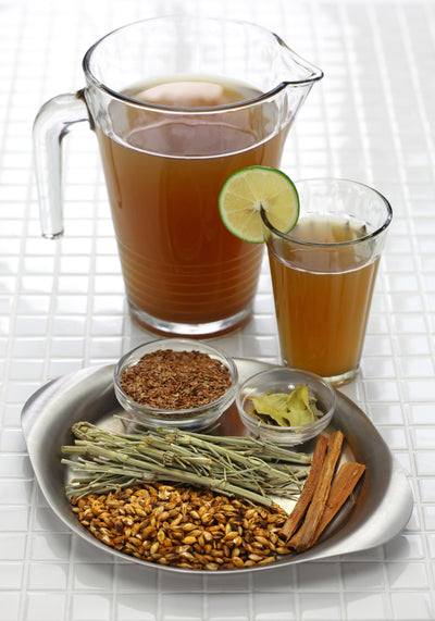 Peruvian pitcher and glass with emoliente, tray with ingredients to make emoliente 