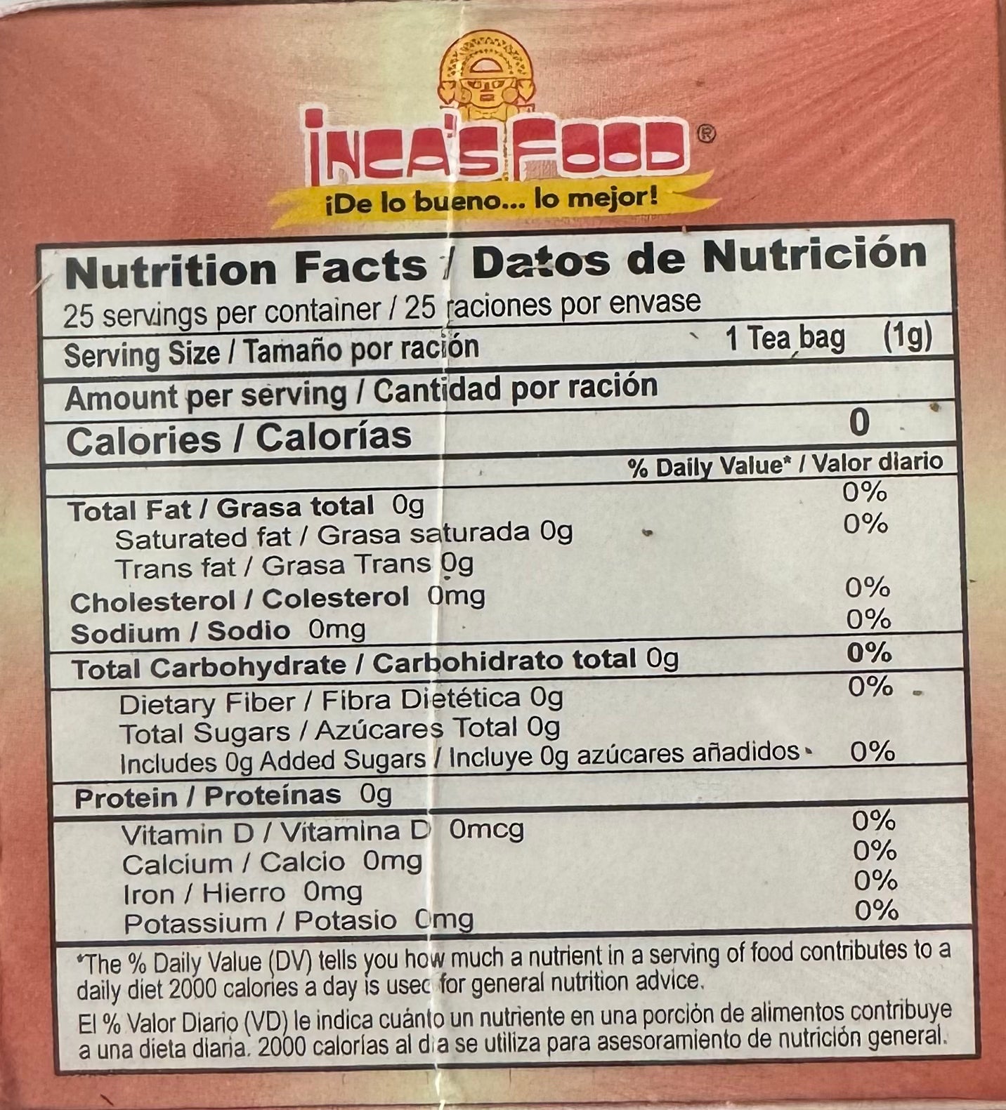 Nutrition facts for inca's food té higasan