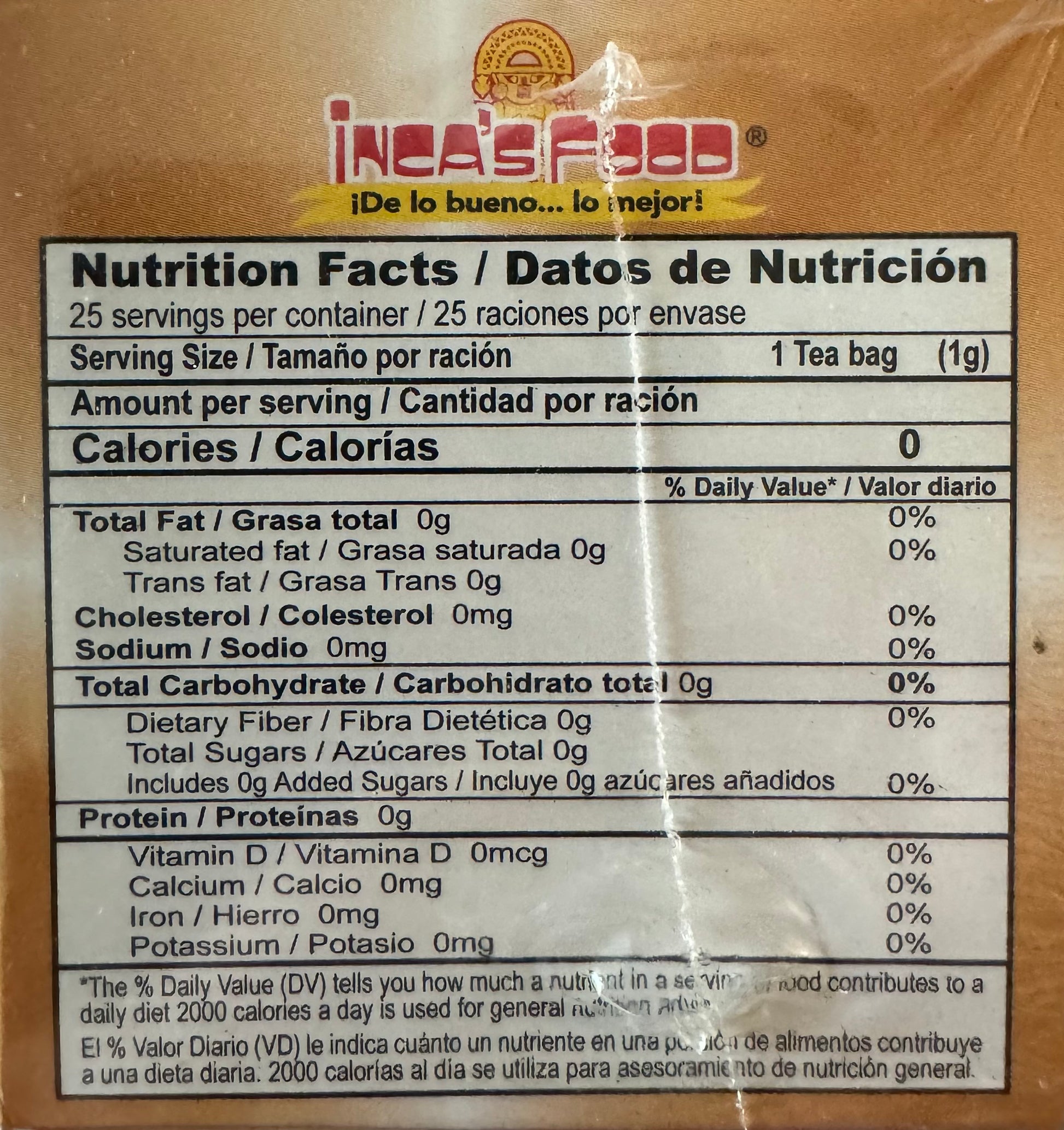 Nutrition facts of inca's food kidney cleanser blend tea bags