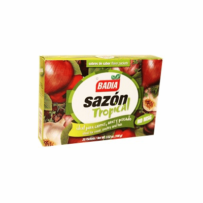 Badia Sazon Tropical (Spanish Seasoning Powder without MSG) Ideal For Meat, Poultry and Fish- Package Weighing 3.52oz Containing 20 packets