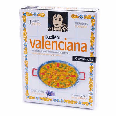 Carmencita Paellero Valenciano Special Sazonador para Paella con Azafran (Paella Seasoning with Saffron) Package weighing 12grs Contains 3 Sachets