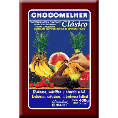 Chocomelher Clasico Cobertura Chocolate Para Frutas Congeladas (Chocolate Flavored Coating to Dip Frozen Fruits) 440g (15.52 oz)