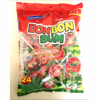 Colombina BONBONBUM Chupetas de Sandia (Watermelon Bubble Gum Pops) 24 units 408g