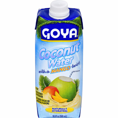 Goya Agua de Coco Sabor Mango (Mango Flavored Coconut Water) net weight 16.9oz, easy open pack