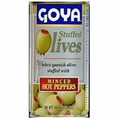 Goya Olives Stuffed with Minced Hot Peppers (Aceitunas Rellenas con Pimiento Picante Picado) 148.8g