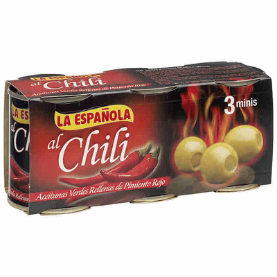 La Espanola Tripack Aceitunas Rellenas al chili (Three Pack Olives Stuffed with Hot Peppers) Three Open Can of 120g Each