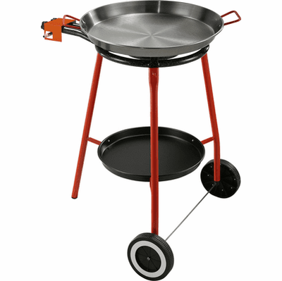 Outdoor Paella Set - Approximately 10 Serving (includes Standard Gas Burner, Polished Paella Pan and a wheeled stand with tray)