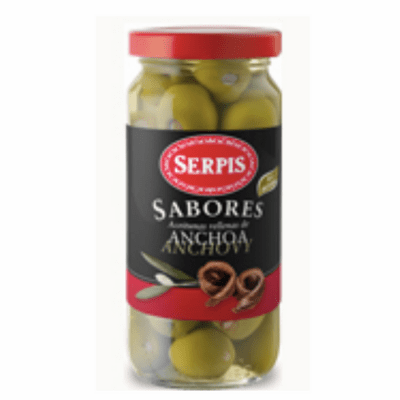 Serpis Aceitunas Rellenas con Anchoa (Green Olives Stuffed with Anchovies) NET WT 235g