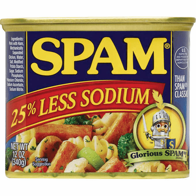 Spam 25% Less Sodium Net.Wt 12 oz