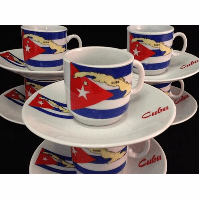 Tacitas de Cafe de Porcelana con Bandera Cubana (Porcelain Coffee Set of Cup and Saucer, Cuban Flag) 12 pcs