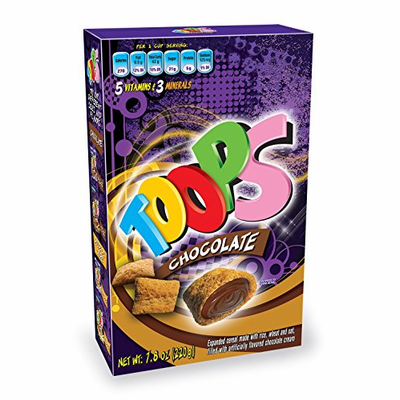 Toops Expanded Cereal made with Rice, Wheat and Oat, Filled with Artificial Flavored Chocolate Cream Net WT 7.8oz